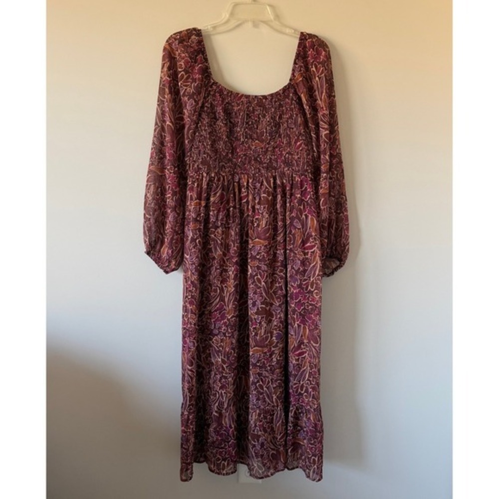 Floral Smocked Midi‎ Dress Long Sleeve Square Neck Plum Burgundy Metallic NWT